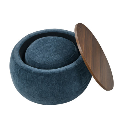 Dark Blue Round Pleated Fabric Storage Ottoman, Includes Matching Small Stool, 250 LBS Load Capacity, 25 inch x25 inch x14.7 inch
