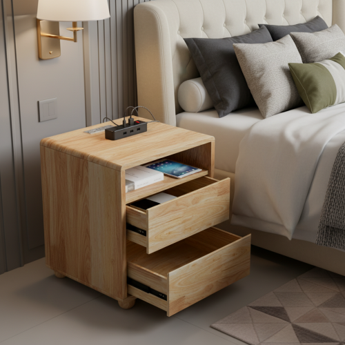 20inch Modern Nightstand with 2 Drawers And Shelves Solid Wood Night Stand with Charger Station Mid Century Bedside Table Curved Wood Side Table for Bedroom Living room