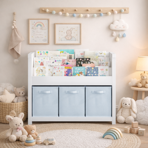 Kids Bookshelf with 3-Tier Front Storage and Fabric Toy Bins