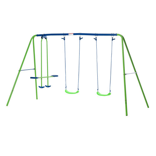 Outsunny Metal Swing Set with Glider, Two Swing Seats and Adjustable Height, Outdoor Heavy Duty A-Frame Suitable for Playground, Backyard, Green
