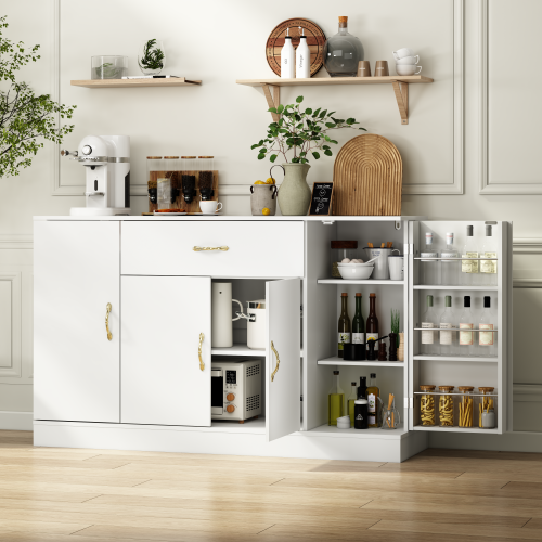 Sideboard Buffet Cabinet with Storage, Large Kitchen Storage Cabinet with 1 Drawer and 4 Doors, Modern Coffee Bar for Kitchen Dining Room, White