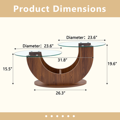 23.6inch  2-Tier U-Shaped Glass Coffee Table, Walnut MDF Base, Adjustable Height