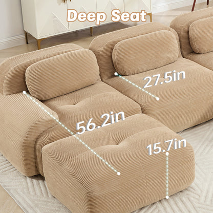 82-Inch Camel Corduroy L-Shaped Modular Sectional Sofa Curved Armrest No-Assembly
