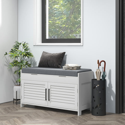 Shoe Bench, Entryway Bench with Shoe Storage, Cushion, Hidden Compartments, Adjustable Shelves and Shutter Doors, 35.4inch  Shoe Organizer for Entryway, Hallway, Holds Up to 352 lbs., White
