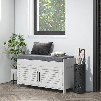 Shoe Bench, Entryway Bench with Shoe Storage, Cushion, Hidden Compartments, Adjustable Shelves and Shutter Doors, 35.4inch  Shoe Organizer for Entryway, Hallway, Holds Up to 352 lbs., White