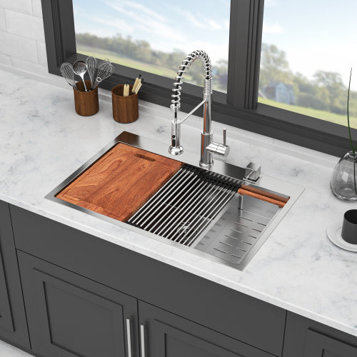 33" Drop in Kitchen Sink - 33 x 22 x 10 inch Kitchen Sink Drop-in Topmount Single Bowl 16 Gauge Stainless Steel Ledge Workstation Kitchen Sinks