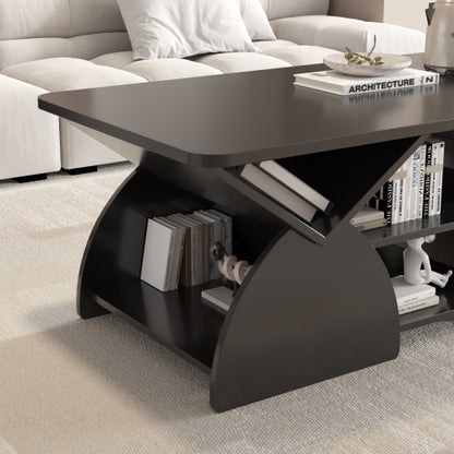 Modern Rectangular Coffee Table with Storage Shelves Engineered Wood Black
