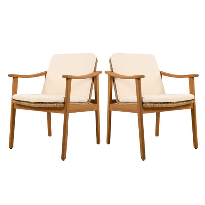 Outdoor Dining Chairs Set of 2, Teak Color Acacia Wood Frame, Brown PE Wicker, Beige Waterproof Cushion, Ideal for Patios, Gardens