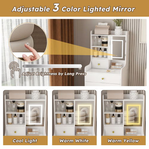 White 3-in-1 Dressing Table with LED Mirror & Storage Stool, 4 Drawers, Storage Cabinet, Open Bookshelf