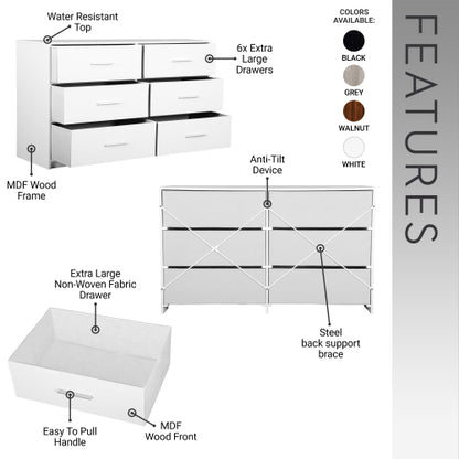 6-Drawer Dresser with Large Fabric Drawers, White