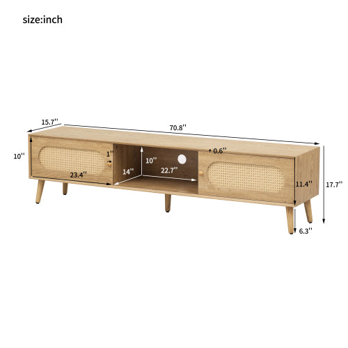 70.8 Inch Natural Wood Boho Rattan Sliding Door TV Stand Solid Wood Legs Holds 80 Inch TV
