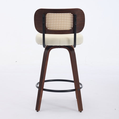 Set of 2 Counter Height Bar Stools - 26 inch Rattan Counter Height Stools with Cane Back, Upholstered Seat, Walnut Craftsmanship, Swivel Counter Stools for Island/Kitchen/Counter/Bar (Walnut /Beige)