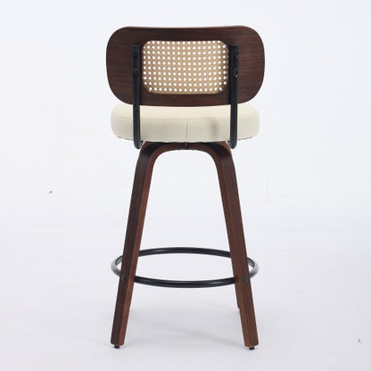 Set of 2 Counter Height Bar Stools - 26 inch Rattan Counter Height Stools with Cane Back, Upholstered Seat, Walnut Craftsmanship, Swivel Counter Stools for Island/Kitchen/Counter/Bar (Walnut /Beige)