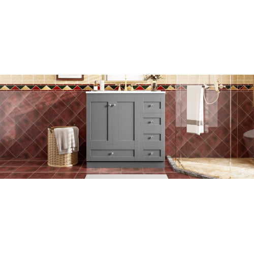 36 inch Shaker Style Free-Standing Bathroom Vanity Cabinet with Ceramic Sink, 4 Soft-close Drawers and 2 Soft-close doors
