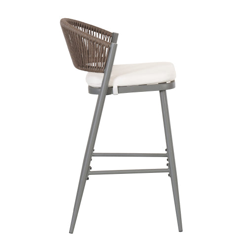 Outdoor 30.25" Seat Height Metal Frame Barstools with PE Rattan Scallop-shaped Backrest, Set of 2, Matte Grey
