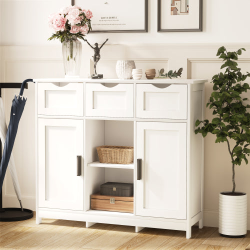 White Multi-Functional Wooden Storage Cabinet With 3 Drawers 2 Doors Adjustable Shelves Home Accent Cabinet