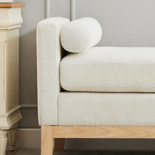 66.34inch W Elegant Upholstered Bench,Daybed, Ottoman with Nature Wood Legs & 2 Bolster Pillows for End of Bed, Bedroom, Living Room, Entryway,Ivory Boucle