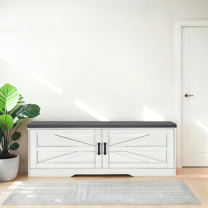 2-Tier Storage Bench, Farmhouse Shoe Bench with Padded Seat Cushion, Entryway Bench with 2 Barn Doors & 2 Adjustable Shelves, 13.75inch  D x 39.4inch  W x 17.72inch  H, for Entryway, Bedroom, Living Room, White