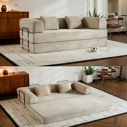 Beige Corduroy Convertible Sleeper Sofa Bed with Cylindrical Pillow