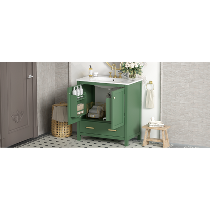 30 Inch Green Bathroom Vanity with Single Sink, Combination Under Counter Sink, Bathroom Storage Cabinet with 2 Doors and a Drawer, Soft Closure, Multifunctional Storage(WF324043)