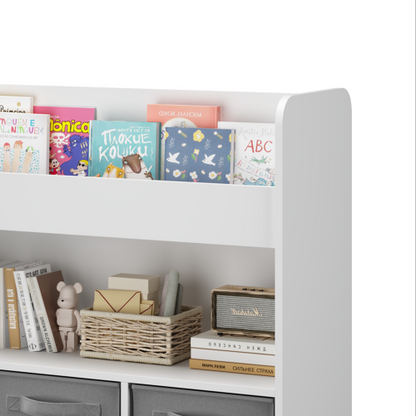 White Gray Kids Bookshelf With 3 Removable Fabric Bins Toy Book Organizer