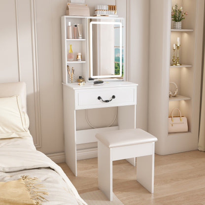 Modern Mini Dressing Table with LED-lit Mirror & Hidden Storage,Includes Padded Stool,Adjustable Brightness Vanity Desk,Multi-tier Dust-proof Shelves,White