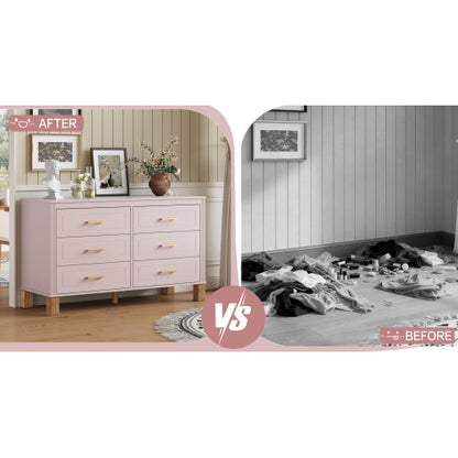 Pink 6-Drawer Solid Wood Frame Modern Bedroom Storage Dresser