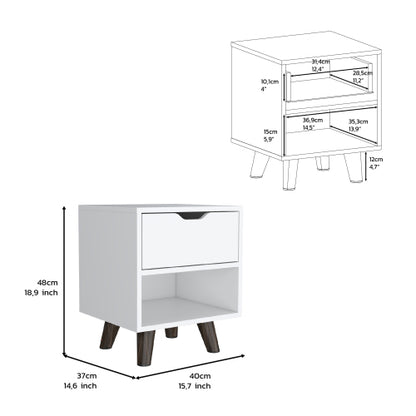 White Modern Nightstand, Drawer & Open Shelf with Wooden Legs