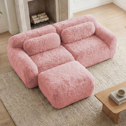 Pink L-Shaped Plush Boneless Sofa with Chaise,32D Sponge,Throw Pillows,No Assembly