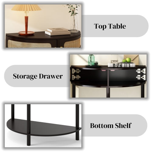 Half Moon Console Table Rattan Sliding Door Storage Entryway Cabinet Black Boho Accent