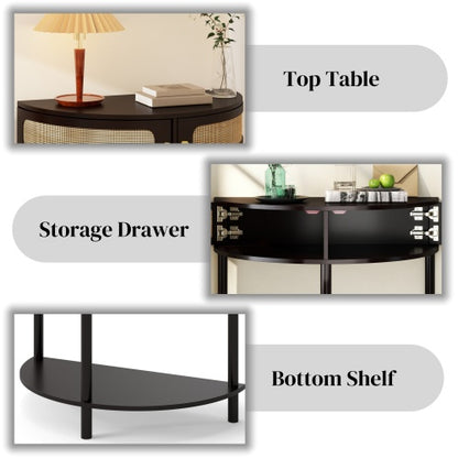 Half Moon Console Table Rattan Sliding Door Storage Entryway Cabinet Black Boho Accent