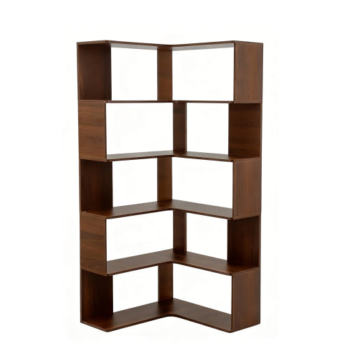 66-Inch 6-Tier Corner Bookshelf L-Shaped Open Storage Walnut