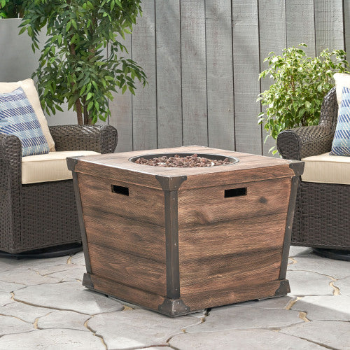 Outdoor Patio 24'' H x 32'' W Square Gas Burning Concrete Fire Pit Wood Pattern - Brown - 40,000 BTU (Tank Inside)