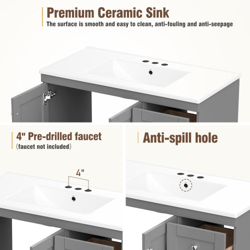 36 inch Shaker Style Free-Standing Bathroom Vanity Cabinet with Ceramic Sink, 4 Soft-close Drawers and 2 Soft-close doors