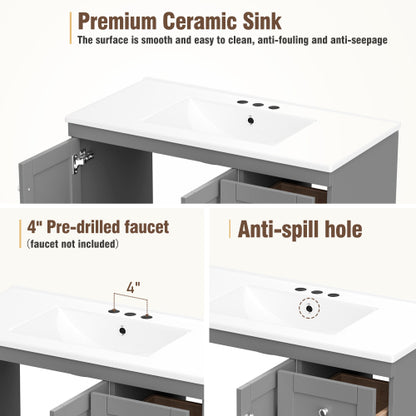 36 inch Shaker Style Free-Standing Bathroom Vanity Cabinet with Ceramic Sink, 4 Soft-close Drawers and 2 Soft-close doors