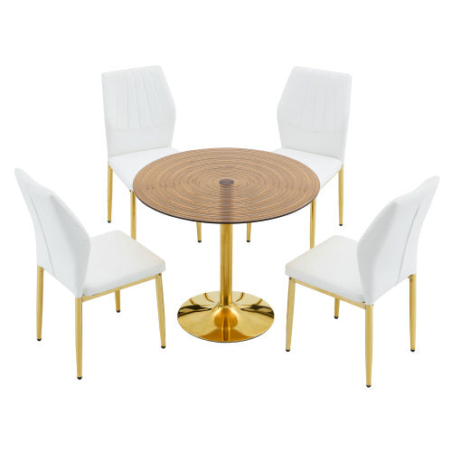 5-Piece Brown Ring Glass Round Dining Set, Gold Frame Table & 4 White PU Shell Chairs
