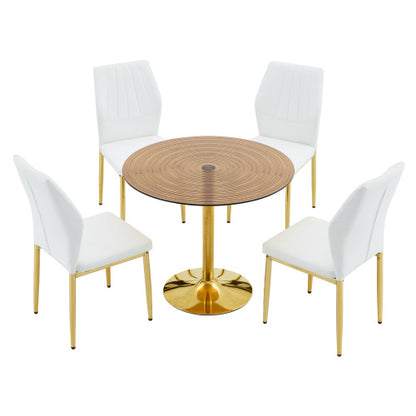 5-Piece Brown Ring Glass Round Dining Set, Gold Frame Table & 4 White PU Shell Chairs