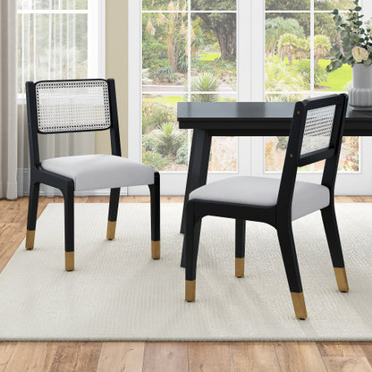 Set of 2 Modern Farmhouse Dining Chairs with Rattan Back, PU Leather Seat and Solid Wood Legs, Black