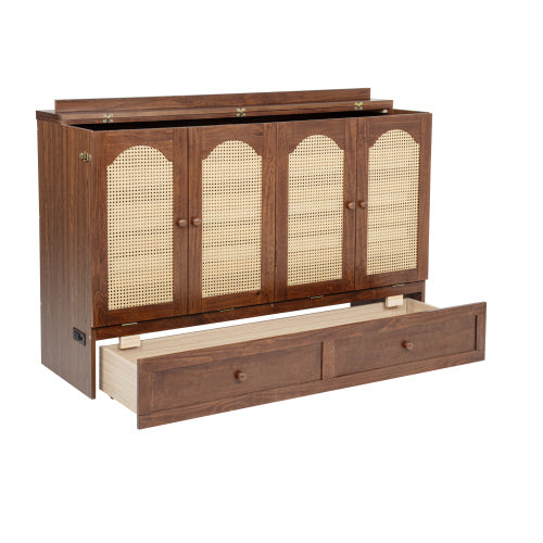 Queen Murphy Cabinet Bed with Charging Station Drawer and Rattan Panels Walnut