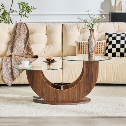 23.6inch  2-Tier U-Shaped Glass Coffee Table, Walnut MDF Base, Adjustable Height