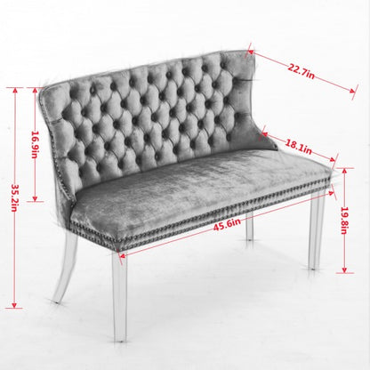 Velvet Double Dining Loveseat Bench, Kitchen & Dining Seating, 2-Seat Tufted Bench w/Handmade Buttons, Wing Back, Gold-Plated Steel Legs, Mid Century Modern,Single Pack,Gray,