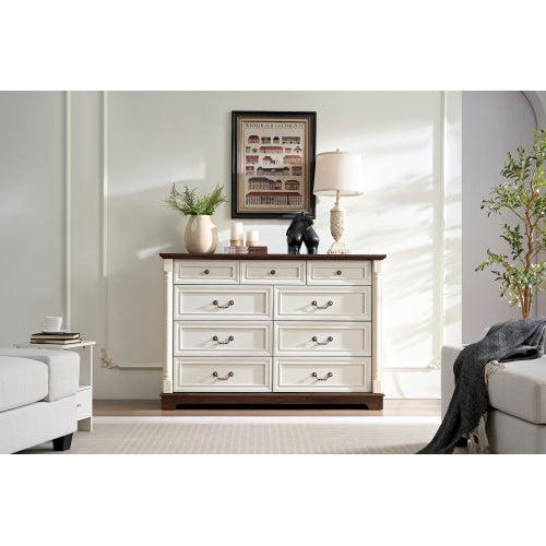 9 Drawer Dresser Chest for Bedroom with Wooden Base and Riser Trim, Wooden Rustic Rustic Chest of Drawers, Storage Dresser for Bedroom, Living Room