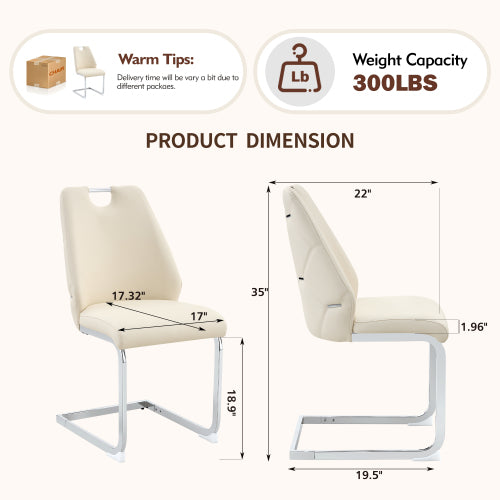 Set of 2 Off White PU Mesh Texture High Back Dining Chairs, Silver Back Ring Chrome Pull Handle Solid Iron Frame