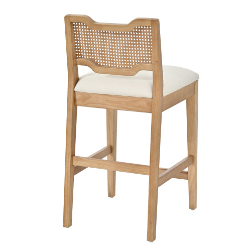 Set of 2 Natural Rubber Wood Farmhouse Rattan Back Counter Bar Stools, Beige Fabric 27.9inch  Seat Height Armless Stools