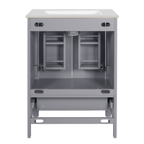 24-inch bathroom vanity with integrated undermount basin and a storage cabinet featuring 2 doors and 1 drawer. Includes double-layer door shelf, soft-close design, and versatile storage solutions