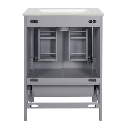 24-inch bathroom vanity with integrated undermount basin and a storage cabinet featuring 2 doors and 1 drawer. Includes double-layer door shelf, soft-close design, and versatile storage solutions