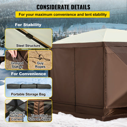Camping Gazebo Screen Tent, 12*12ft, 6 Sided Pop-up Canopy Shelter Tent with Mesh Windows, Portable Carry Bag, Stakes, Large Shade Tents for Outdoor Camping, Lawn and Backyard, Brown/Beige
