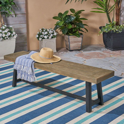 Outdoor Acacia Wood Bench, Sandblast Gray Finish and Black