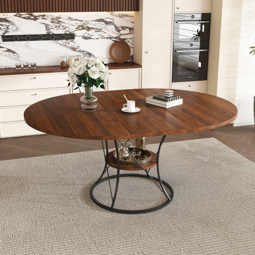 Expandable Round Dining Table with Storage Shelf