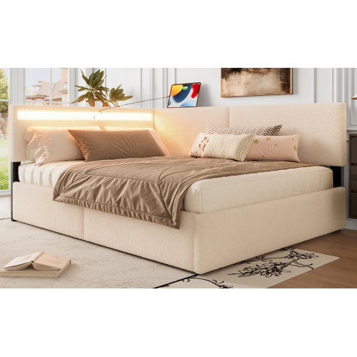 Twin Size Boucle Bed Frame, Upholstered Cloud Bed Frame with Headboard, with 2 Storage Drawers, LED light and USB Charging Design, Solid Wood Legs and Slats, No Box Spring Needed, Beige